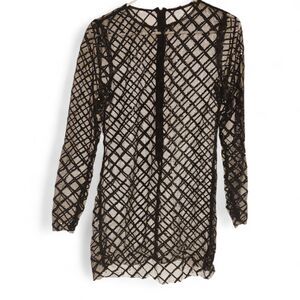 White Fox Sheer Black Sequin Diamond Pattern Long Sleeve Mini Dress S/M